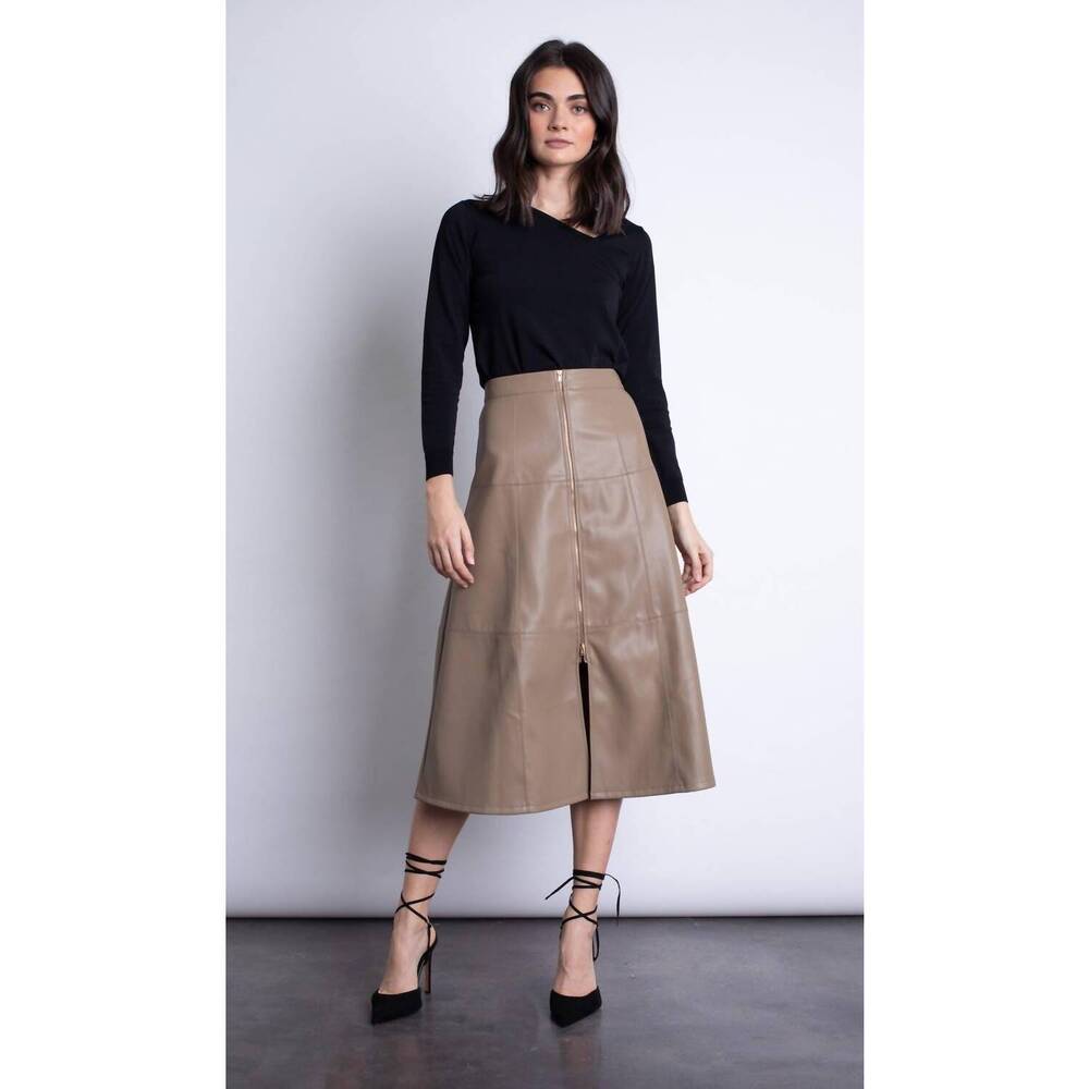 NEW KARINA GRIMALDI faux leather midi skirt in taupe